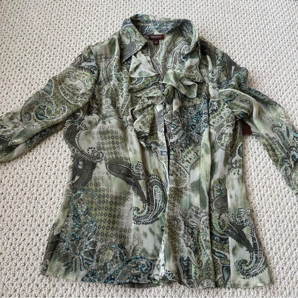 Tesori Nordstrom‎ exclusive paisley ruffle blouse green sheer silk m